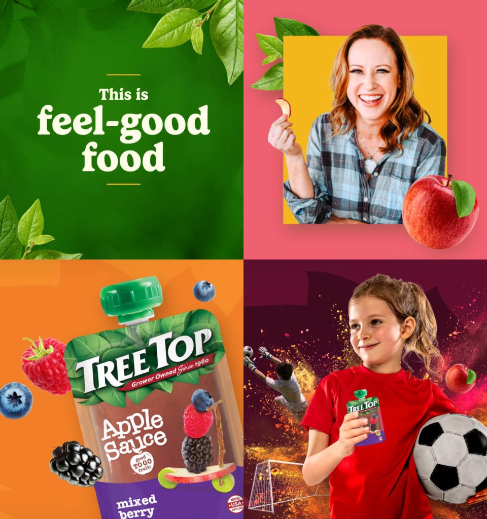 This is feel-good food collage, Tara Coleman, and treetop applesauce pouch