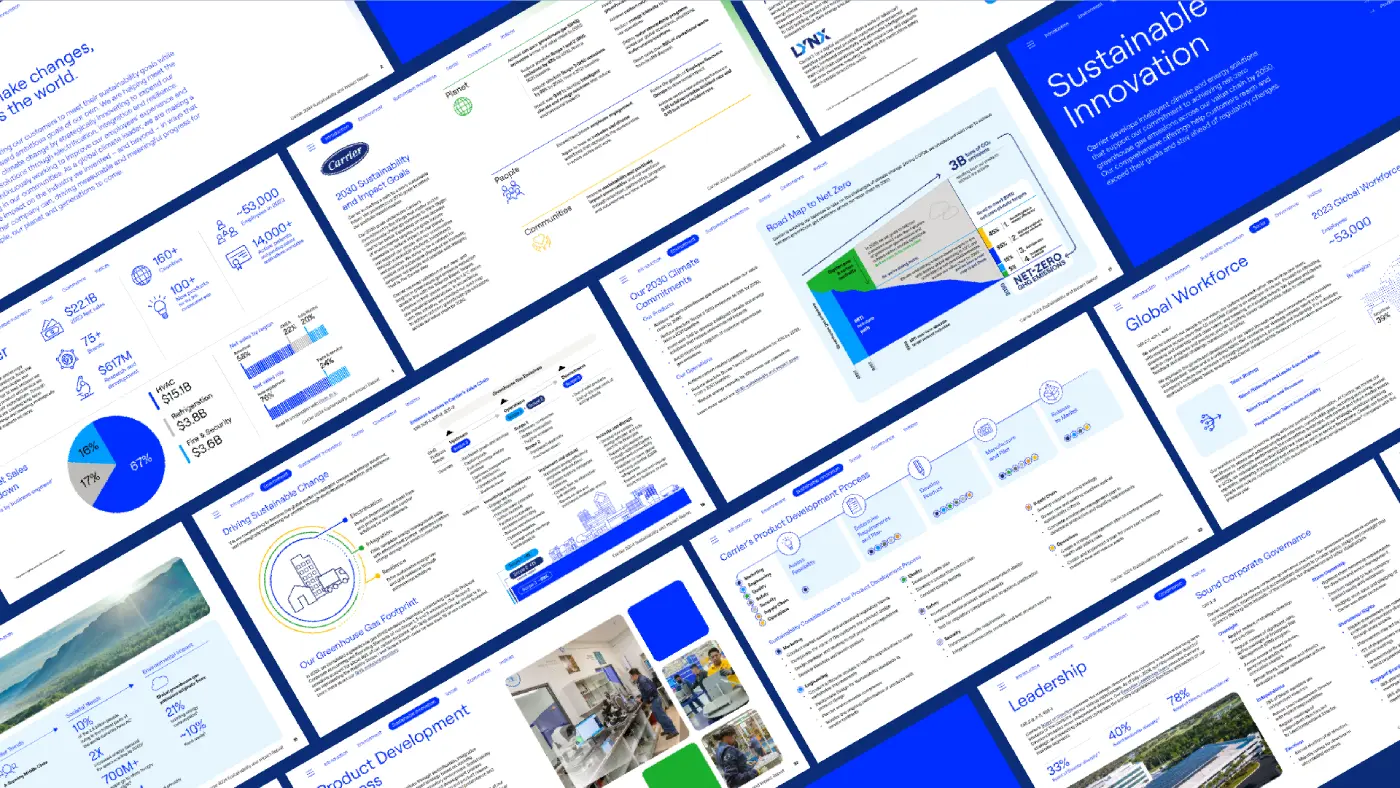 Various visual designs and infographics for Carrier report