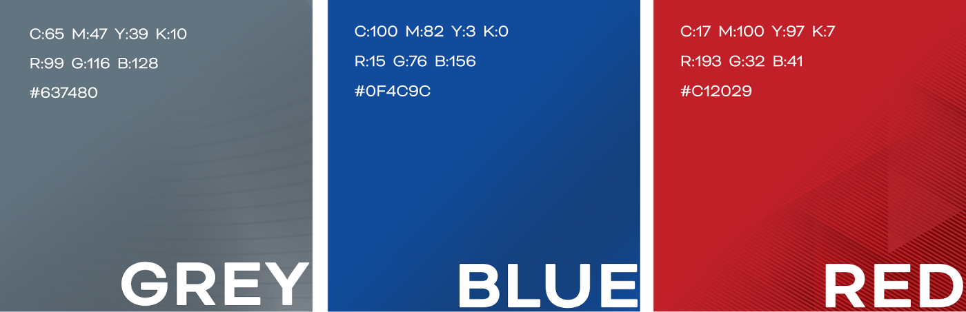 Color swatches for grey, blue, and red