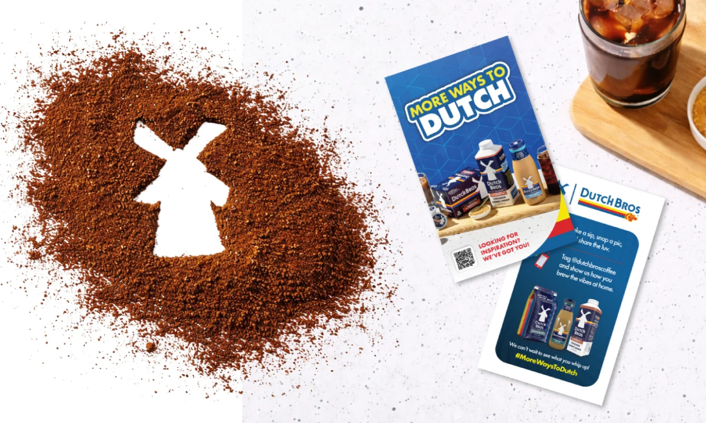 DutchBros logo etched out in coffee grinds, and insert card graphics