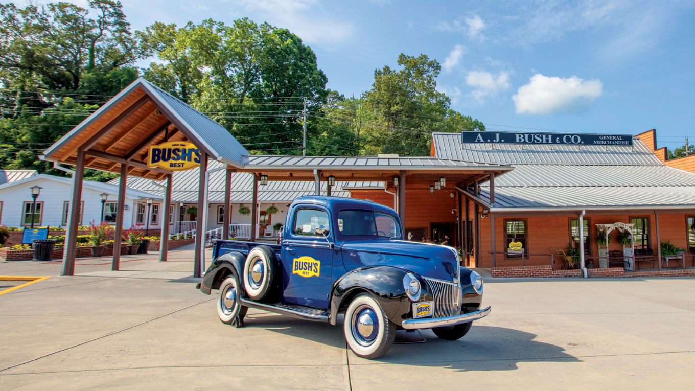 Old model truck with Bushs logo outside of Bush's visitor Center