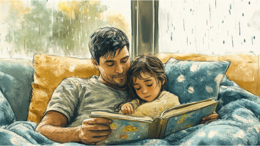 Watercolor sketch of Dad reading book to daughter