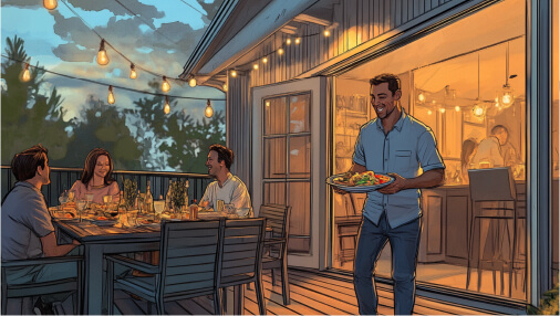 Watercolor sketch of Man bringing dinner food out to family on patio