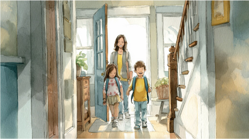 Watercolor sketch of Mom walking in house with two small children afterschool